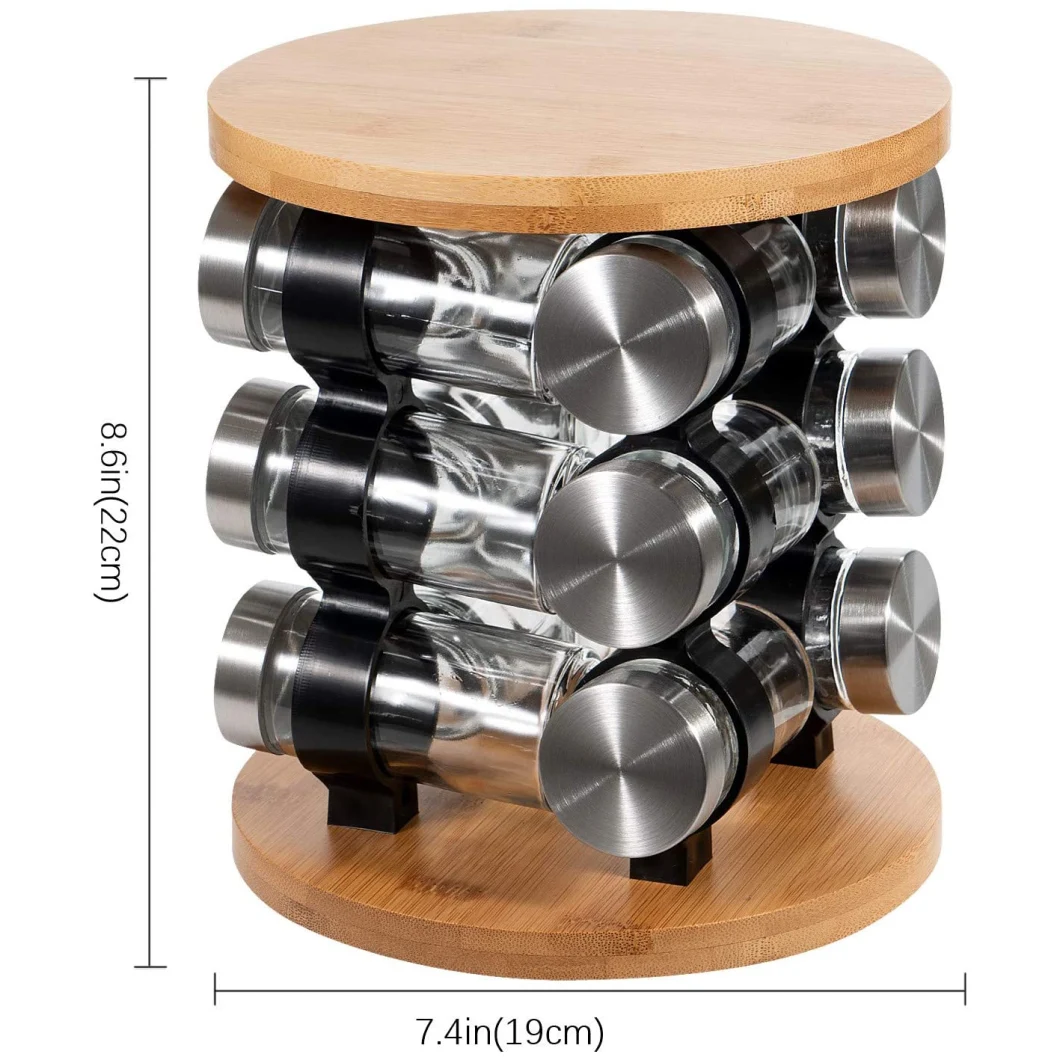 12 Jars Revolving Countertop Spice Organizer Tower Spice Carousel Stand Holder Spice Rack Bamboo Top Glass Jars for Kitchen