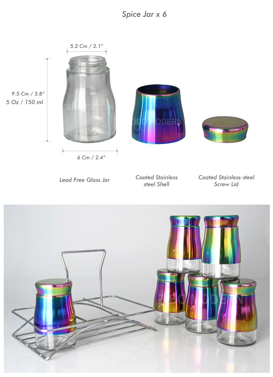 Rainbow Color Glass and Stainless-Steel Spice Storage / Jar Rack Countertop Herb Organization for Home & Kitchen Set of 6